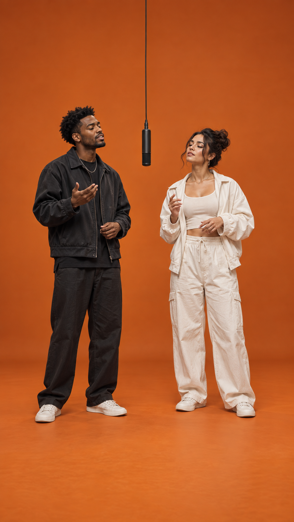 Concept of two people performing at one microphone
